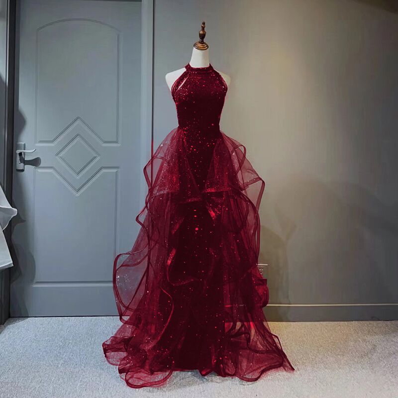 Wine Red Sequins And Tulle Halter Long Classy Prom Dress, Wine Red Classy Evening Dress