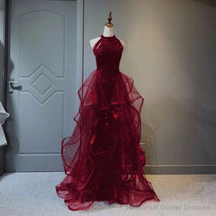 Wine Red Sequins and Tulle Halter Long Prom Dress, Wine Red Evening Dress