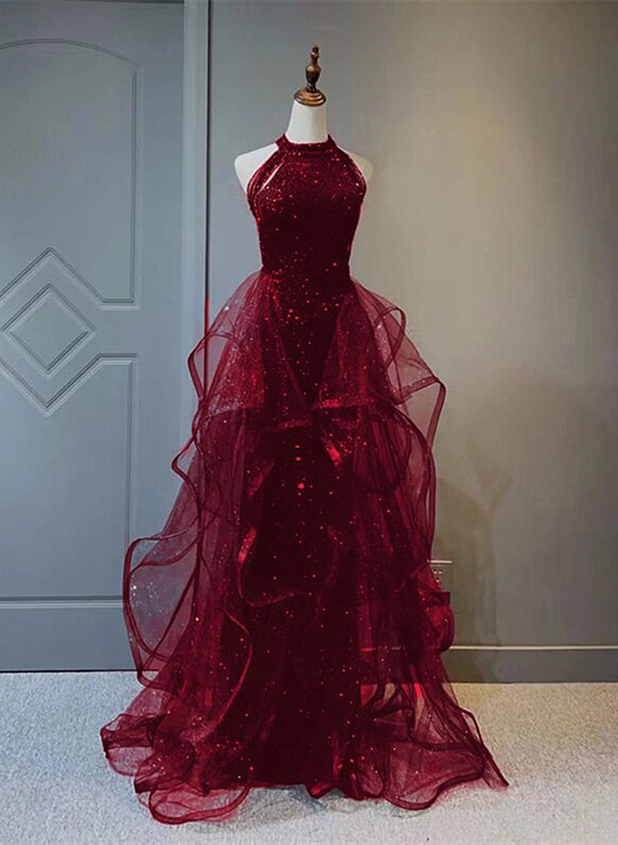 Wine Red Sequins And Tulle Halter Long Classy Prom Dress, Wine Red Classy Evening Dress Main image