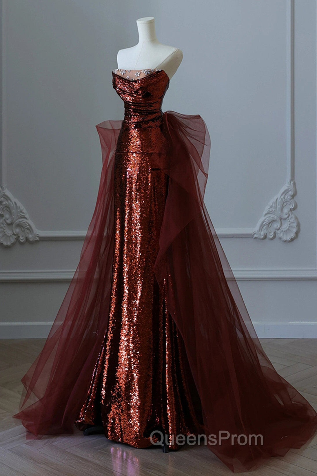 Wine Red Sequins And Tulle Long Formal Dress, Wine Red Evening Prom Dress Secondary image