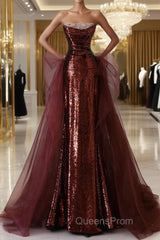 Wine Red Sequins And Tulle Long Formal Dress, Wine Red Evening Prom Dress