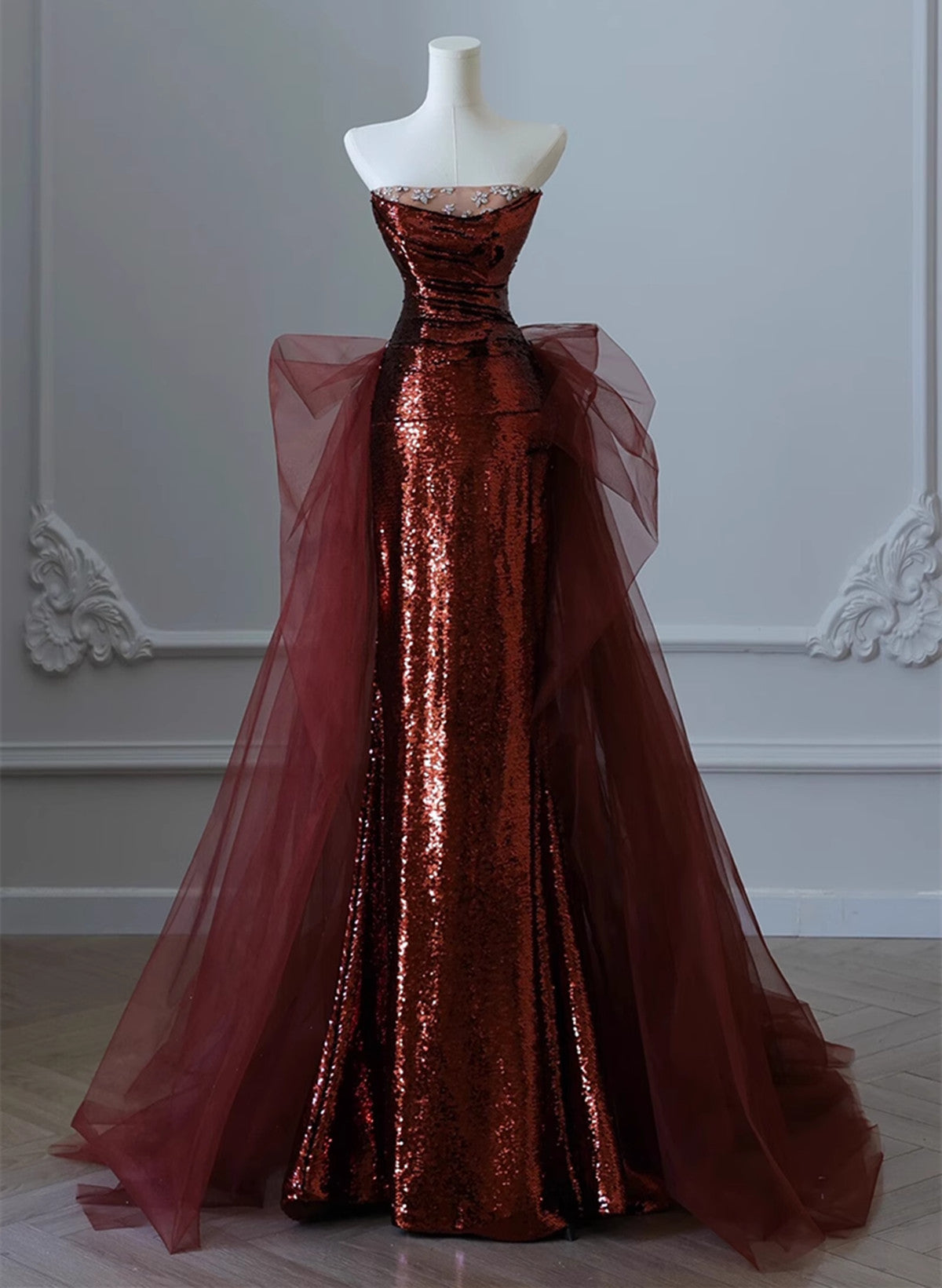 Wine Red Sequins And Tulle Long Party Dress, Wine Red Classy Evening Dress Classy Prom Dress Main image