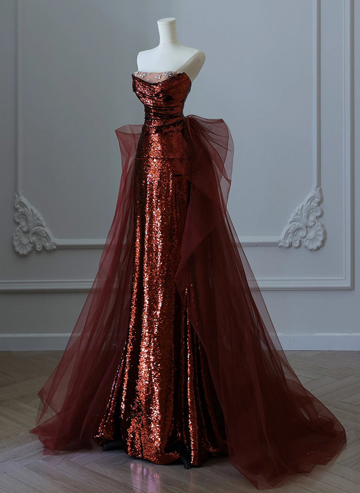 Wine Red Sequins And Tulle Long Party Dress, Wine Red Classy Evening Dress Classy Prom Dress