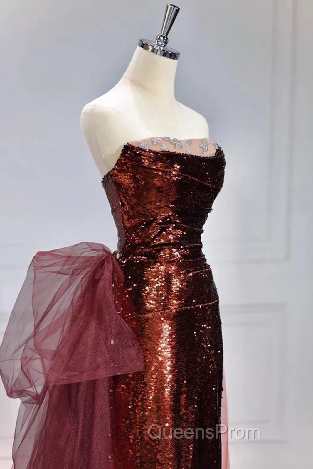 Wine Red Sequins Long Party Dress With Tulle, Wine Red Long Formal Dress Evening Prom Dress Secondary image