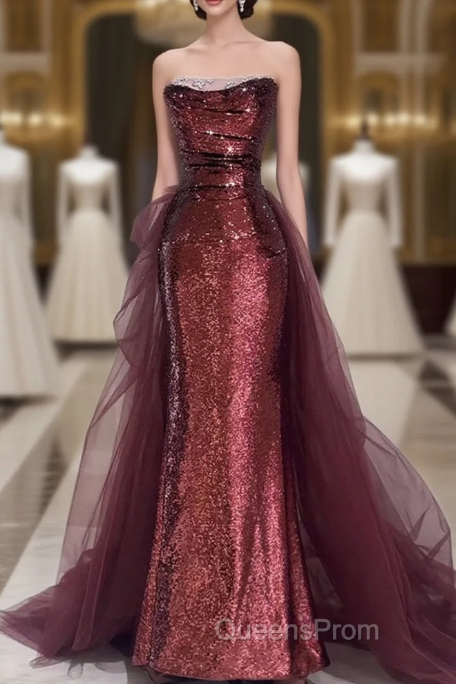 Wine Red Sequins Long Party Dress With Tulle, Wine Red Long Formal Dress Evening Prom Dress Main image