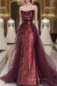 Wine Red Sequins Long Party Dress With Tulle, Wine Red Long Formal Dress Evening Prom Dress