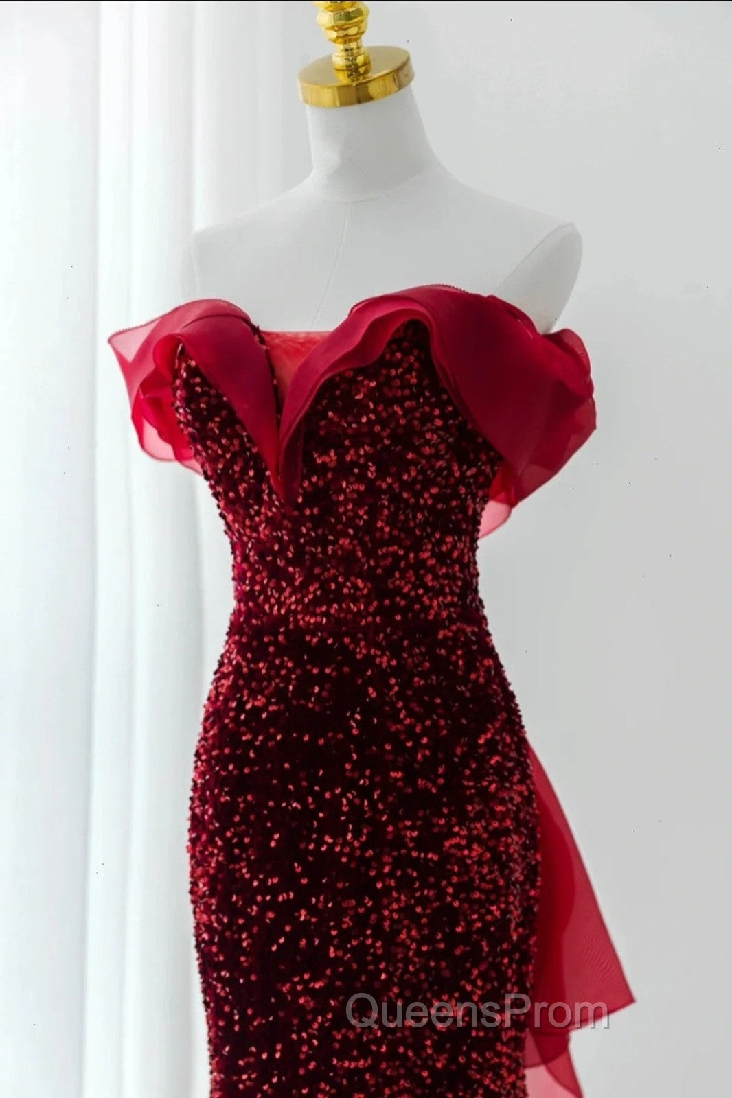 Wine Red Sequins Mermaid Long Party Dress, Off Shoulder Sweetheart Evening Prom Dress Secondary image