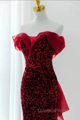 Wine Red Sequins Mermaid Long Party Dress, Off Shoulder Sweetheart Evening Prom Dress