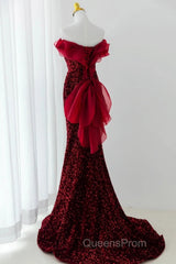 Wine Red Sequins Mermaid Long Party Dress, Off Shoulder Sweetheart Evening Prom Dress