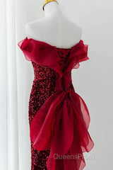 Wine Red Sequins Mermaid Long Party Dress, Off Shoulder Sweetheart Evening Prom Dress