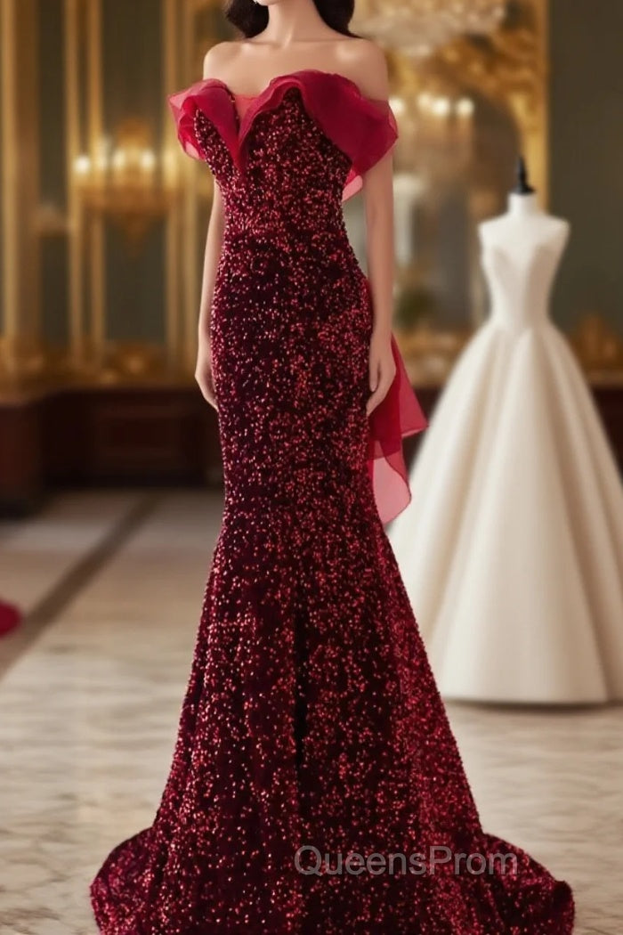Wine Red Sequins Mermaid Long Party Dress, Off Shoulder Sweetheart Evening Prom Dress