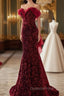 Wine Red Sequins Mermaid Long Party Dress, Off Shoulder Sweetheart Evening Prom Dress
