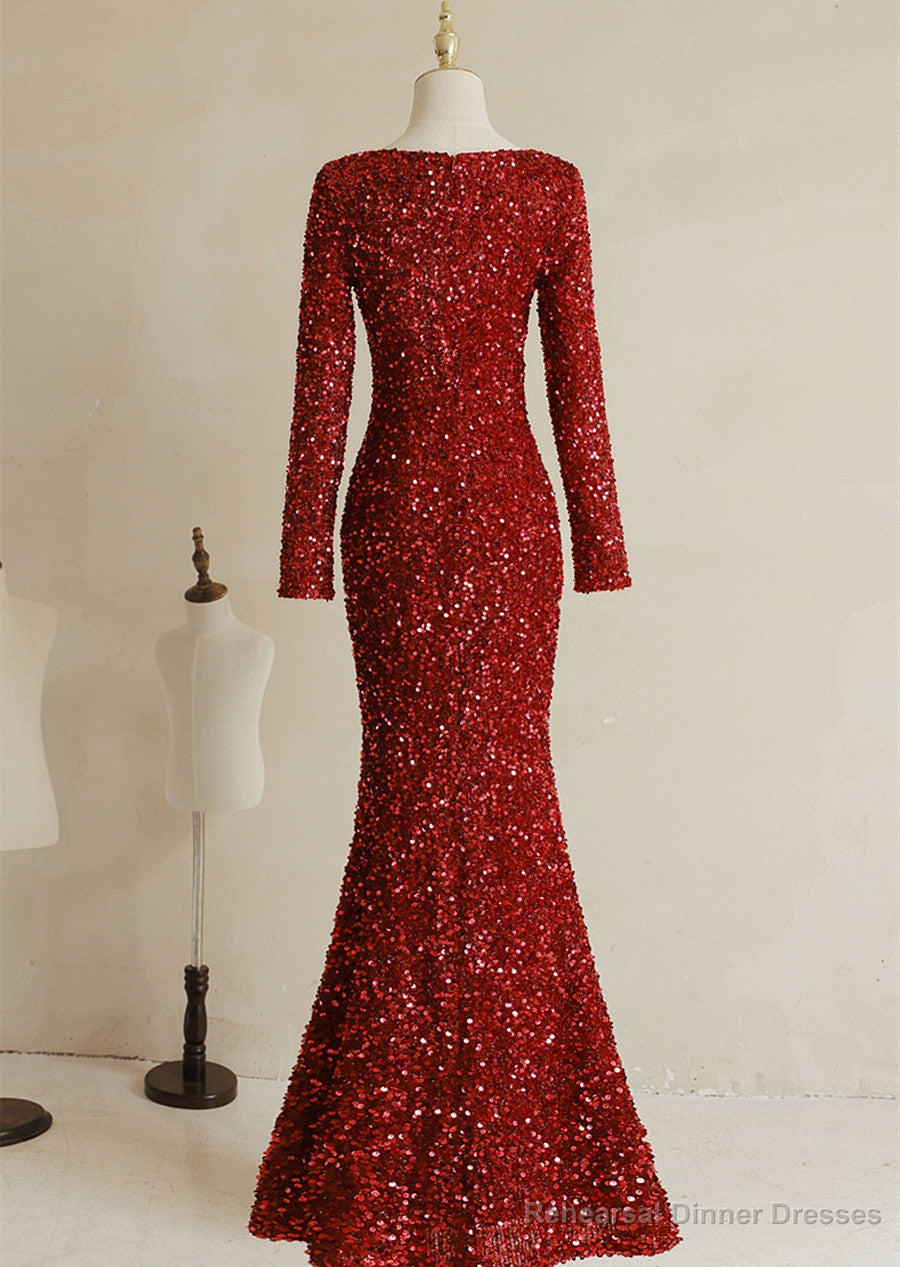 Wine Red Sequins Mermaid Long Sleeves Party Dress, Wine Red Long Wedding Party Dress Secondary image