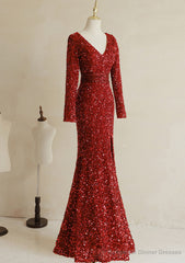 Wine Red Sequins Mermaid Long Sleeves Party Dress, Wine Red Long Wedding Party Dress