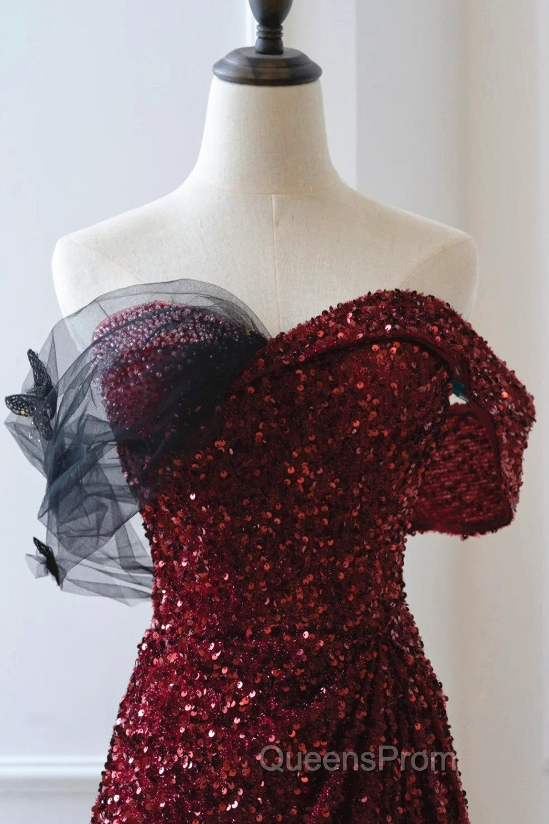 Wine Red Sequins Off Shoulder Long Party Dress, A-Line Sequins Evening Prom Dress Secondary image