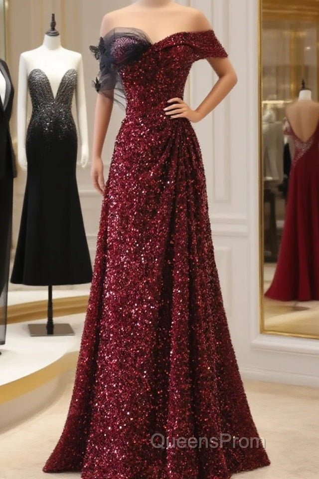 Wine Red Sequins Off Shoulder Long Party Dress, A-Line Sequins Evening Prom Dress Main image