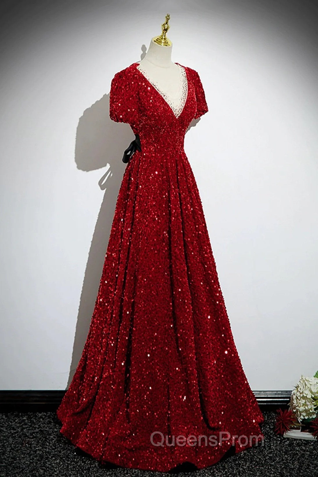 Wine Red Sequins V-Neckline Short Sleeves Party Dress, Wine Red Evening Dress