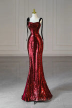 Wine Red Sequins With Black Tulle Straps Long Party Dress, Wine Red Sequins Evening Prom Dress