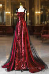 Wine Red Sequins With Black Tulle Straps Long Party Dress, Wine Red Sequins Evening Prom Dress