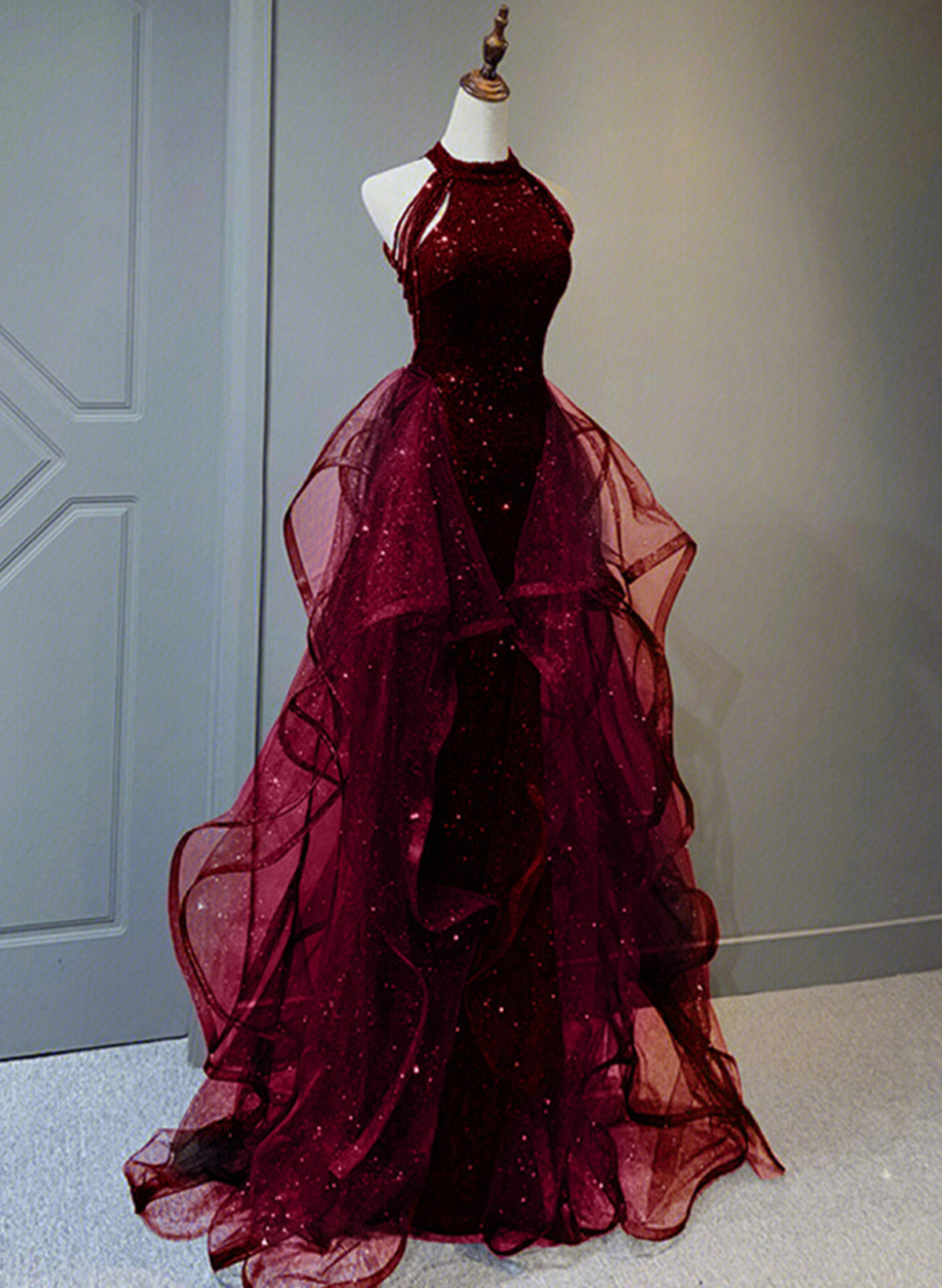 Wine Red Sequins With Tulle Long Party Dress, Wine Red Halter Classy Evening Dress