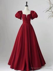 Wine Red Short Sleeves A-line Floor Length Party Dress, Long Prom Dress