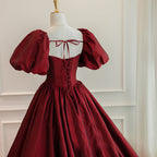 Wine Red Short Sleeves Floor Length Long Classy Evening Dress, Ball Gown Classy Dress