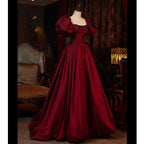 Wine Red Short Sleeves Floor Length Long Classy Evening Dress, Ball Gown Classy Dress