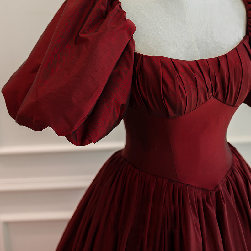 Wine Red Short Sleeves Floor Length Long Classy Evening Dress, Ball Gown Classy Dress