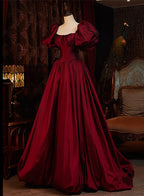 Wine Red Short Sleeves Floor Length Long Classy Evening Dress, Ball Gown Classy Dress