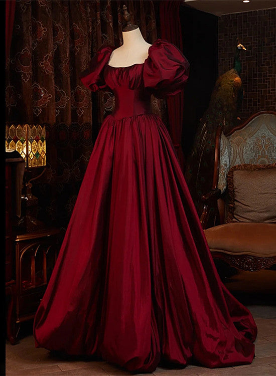 Wine Red Short Sleeves Floor Length Long Classy Evening Dress, Ball Gown Classy Dress