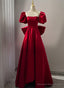 Wine Red Short Sleeves Satin A-line Party Dress, Wine Red Long Prom Dress with Bow