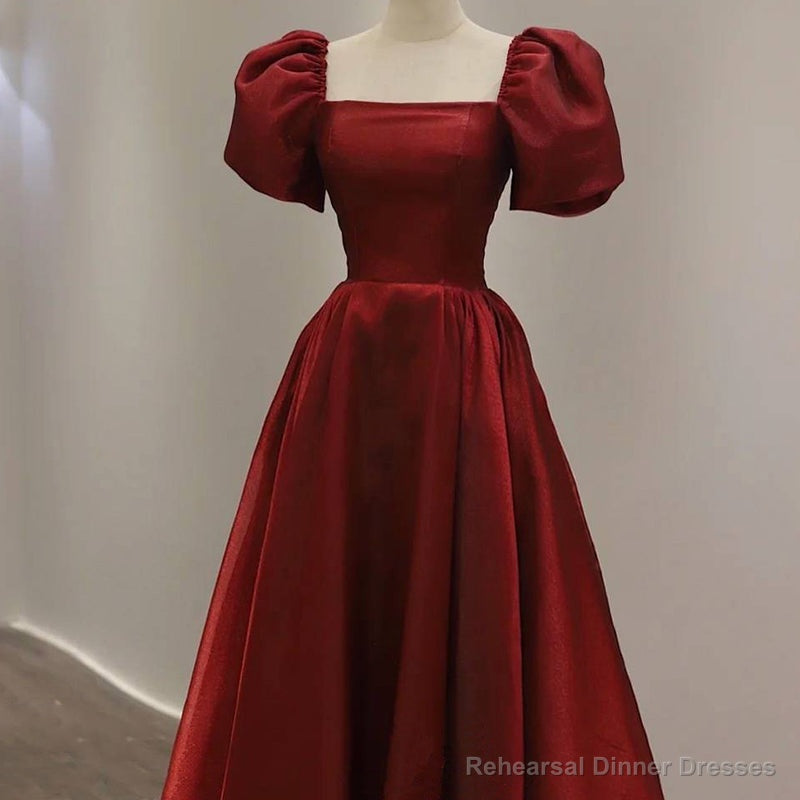 Wine Red Short Sleeves Tea Length Wedding Party Dress, Wine Red Prom Dress Secondary image