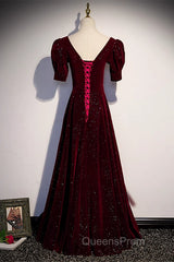 Wine Red Short Sleeves Velvet Long Formal Dress, Wine Red Evening Dress Evening Prom Dress