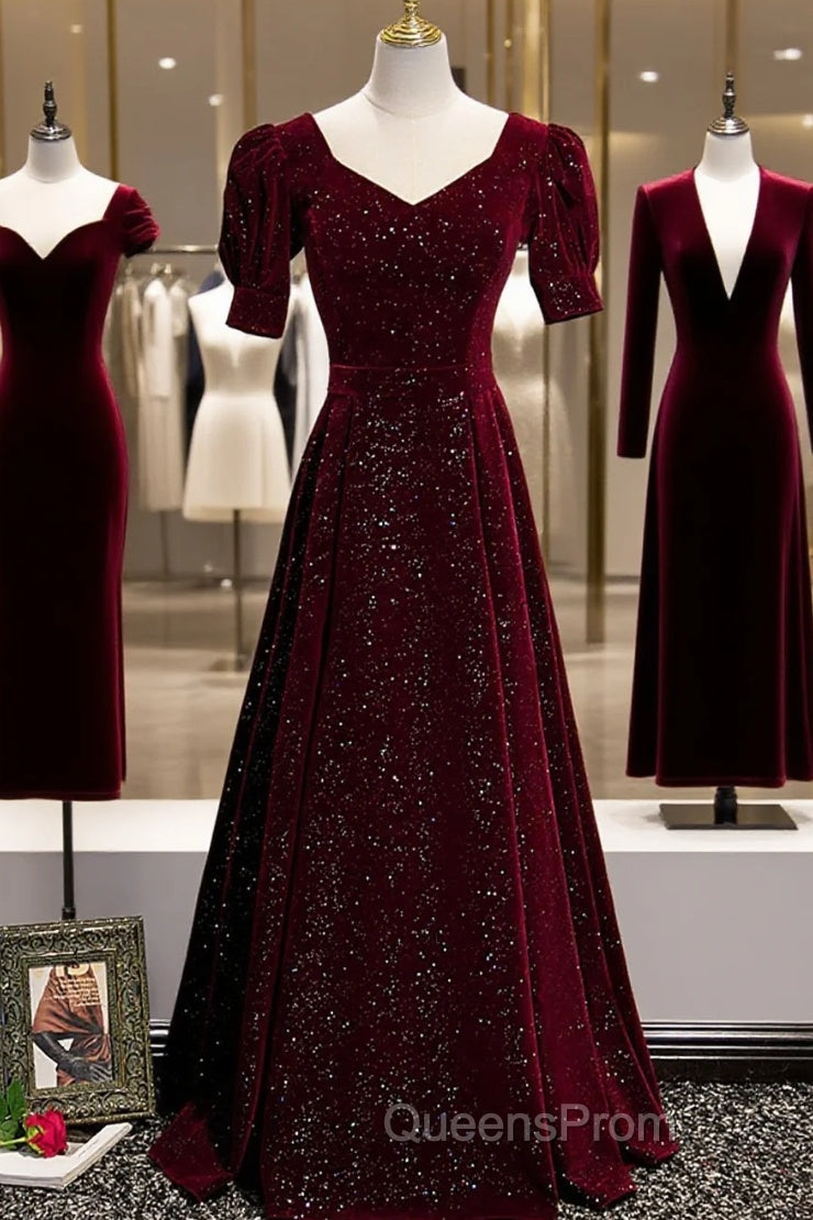 Wine Red Short Sleeves Velvet Long Formal Dress, Wine Red Evening Dress Evening Prom Dress Main image