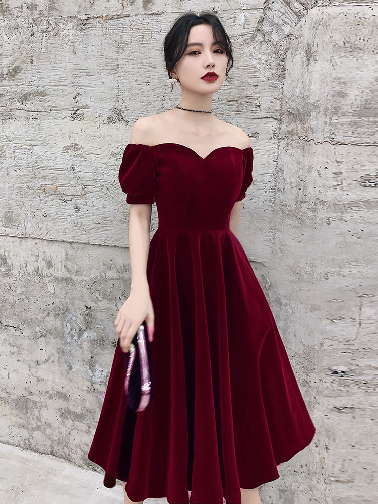 Wine Red Short Velvet Classy Evening Dress, Off Shoulder Classy Prom Dress Bridesmaid Dress Secondary image