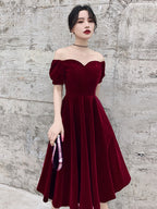 Wine Red Short Velvet Classy Evening Dress, Off Shoulder Classy Prom Dress Bridesmaid Dress