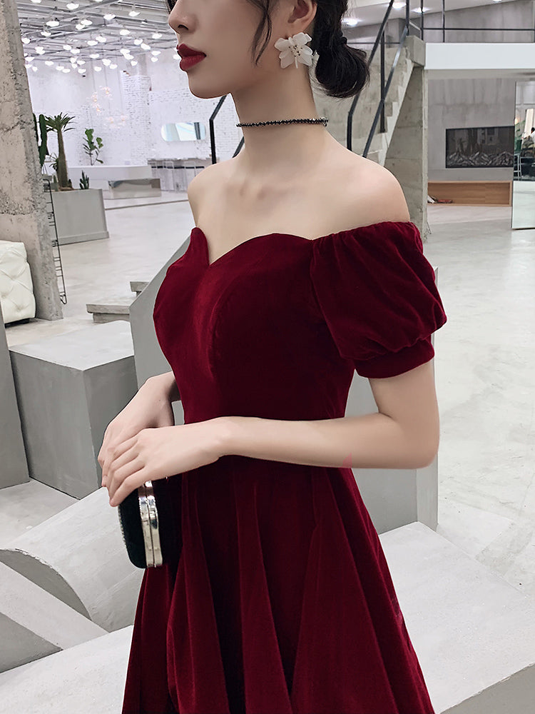 Wine Red Short Velvet Classy Evening Dress, Off Shoulder Classy Prom Dress Bridesmaid Dress