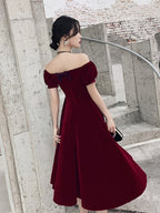 Wine Red Short Velvet Classy Evening Dress, Off Shoulder Classy Prom Dress Bridesmaid Dress