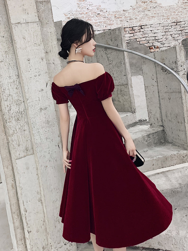 Wine Red Short Velvet Classy Evening Dress, Off Shoulder Classy Prom Dress Bridesmaid Dress