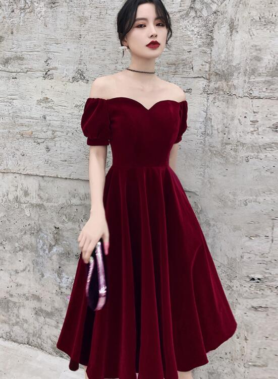 Wine Red Short Velvet Classy Evening Dress, Off Shoulder Classy Prom Dress Bridesmaid Dress Main image