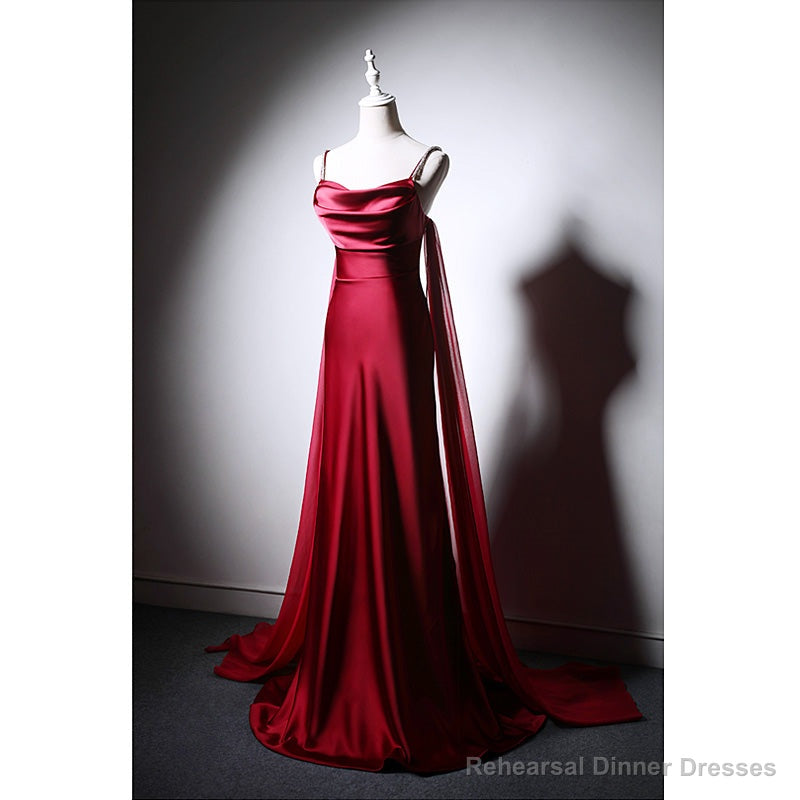Wine Red Soft Satin Long Straps Long A-line Prom Dress, Wine Red Evening Dress Main image