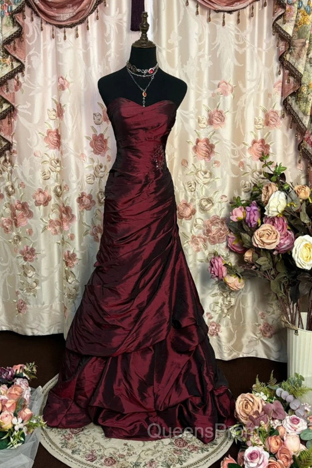 Wine Red Strapless Long Taffeta Sweet 16 Dress, Wine Red Sweetheart Evening Prom Dress Formal Gown Secondary image