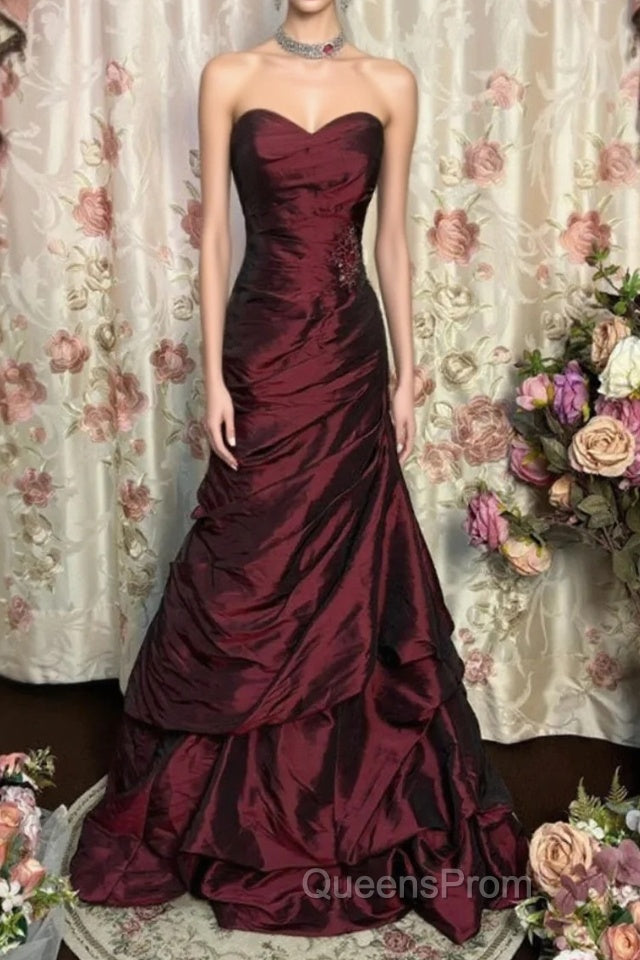 Wine Red Strapless Long Taffeta Sweet 16 Dress, Wine Red Sweetheart Evening Prom Dress Formal Gown Main image