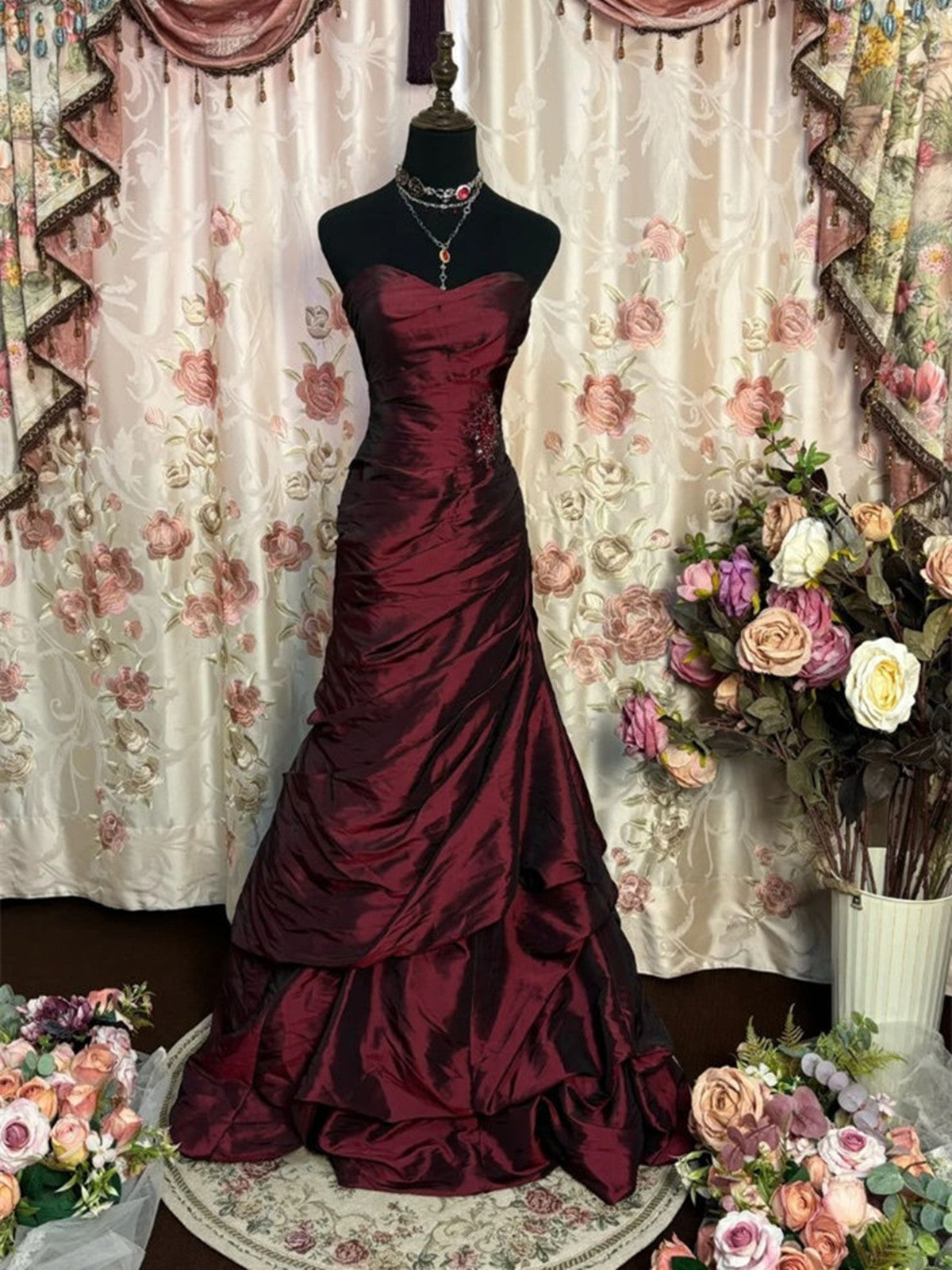 Wine Red Strapless Long Taffeta Sweet 16 Dress, Wine Red Sweetheart Classy Prom Dress Main image