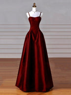 Wine Red Straps A-Line Floor Length Simple Party Dress, Wine Red Satin Classy Prom Dress