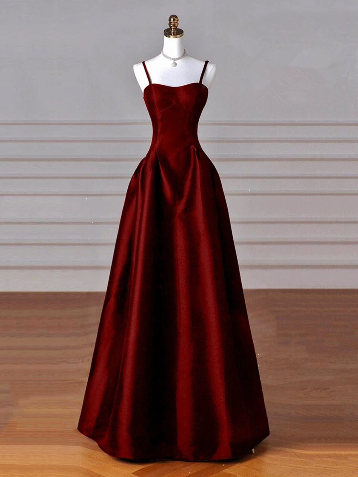 Wine Red Straps A-Line Floor Length Simple Party Dress, Wine Red Satin Classy Prom Dress