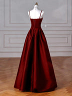 Wine Red Straps A-Line Floor Length Simple Party Dress, Wine Red Satin Classy Prom Dress