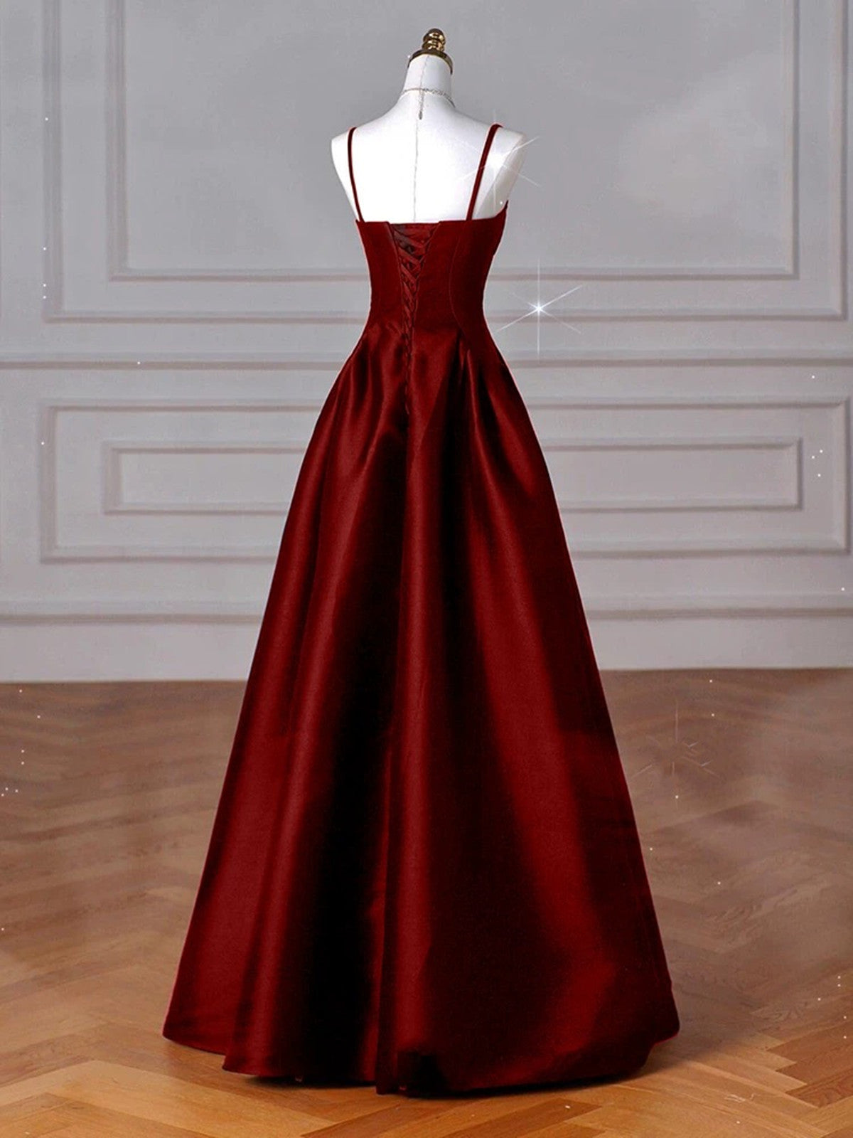 Wine Red Straps A-Line Floor Length Simple Party Dress, Wine Red Satin Classy Prom Dress