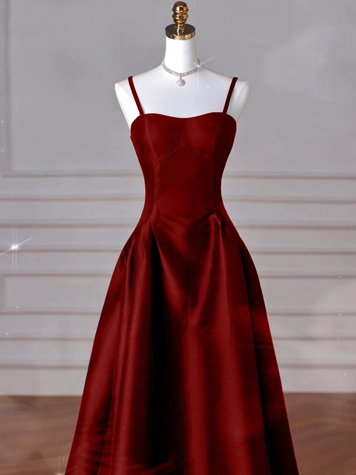 Wine Red Straps A-Line Floor Length Simple Party Dress, Wine Red Satin Classy Prom Dress