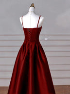 Wine Red Straps A-Line Floor Length Simple Party Dress, Wine Red Satin Classy Prom Dress